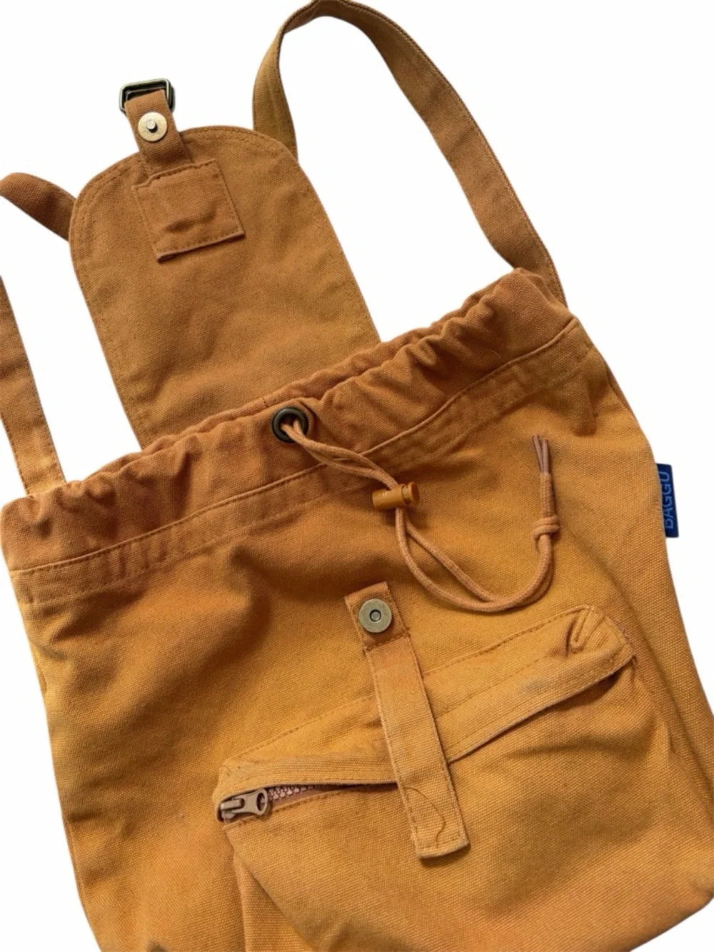 Vintage Baggu Mustard Brown Drawstring Canvas Rucksack Backpack - Picture 5 of 5